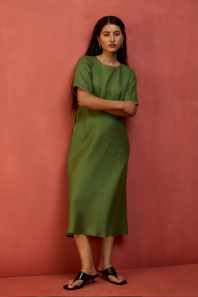 Fumi Bias Skirt Stripe Linen Dress - Fern Green linen by Manan in green color for women Worldwide