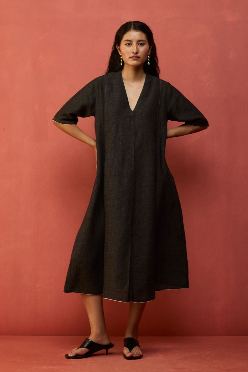 Maki Pleated Linen Dress - Charcoal linen by Manan in charcoal color for women Worldwide