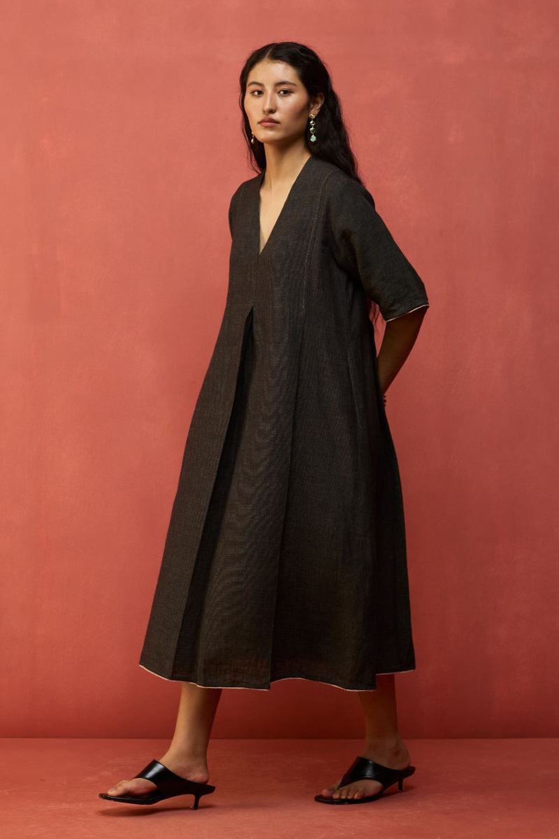 Maki Pleated Linen Dress - Charcoal linen by Manan in charcoal color for women Worldwide