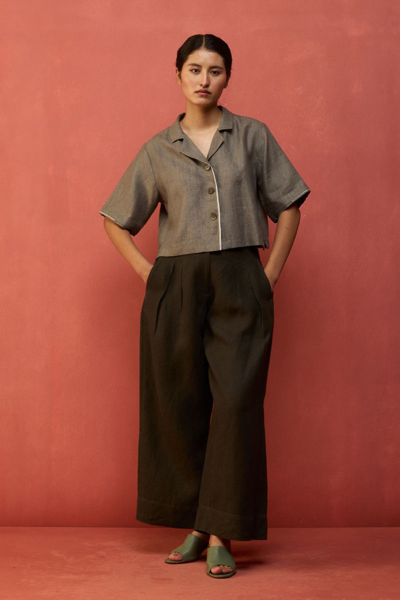 Kiera Cuban Collar Linen Shirt - Grey by Manan for Worldwide
