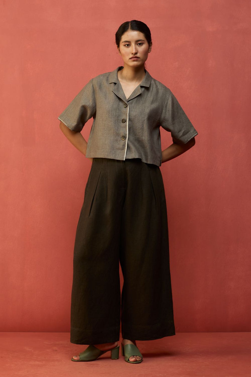 Kiera Cuban Collar Linen Co-ord Set - Grey by Manan for Worldwide