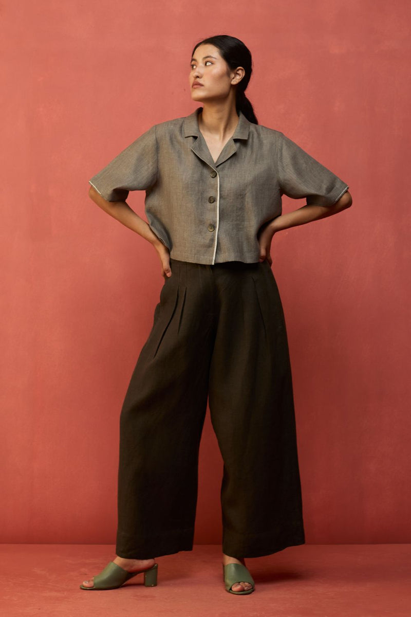 Kiera Cuban Collar Linen Co-ord Set - Grey by Manan for Worldwide