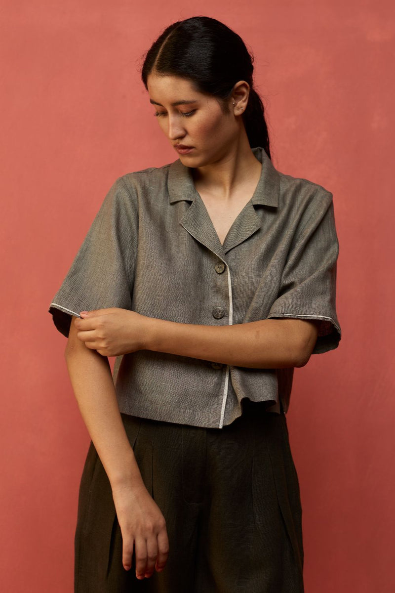 Kiera Cuban Collar Linen Co-ord Set - Grey by Manan for Worldwide