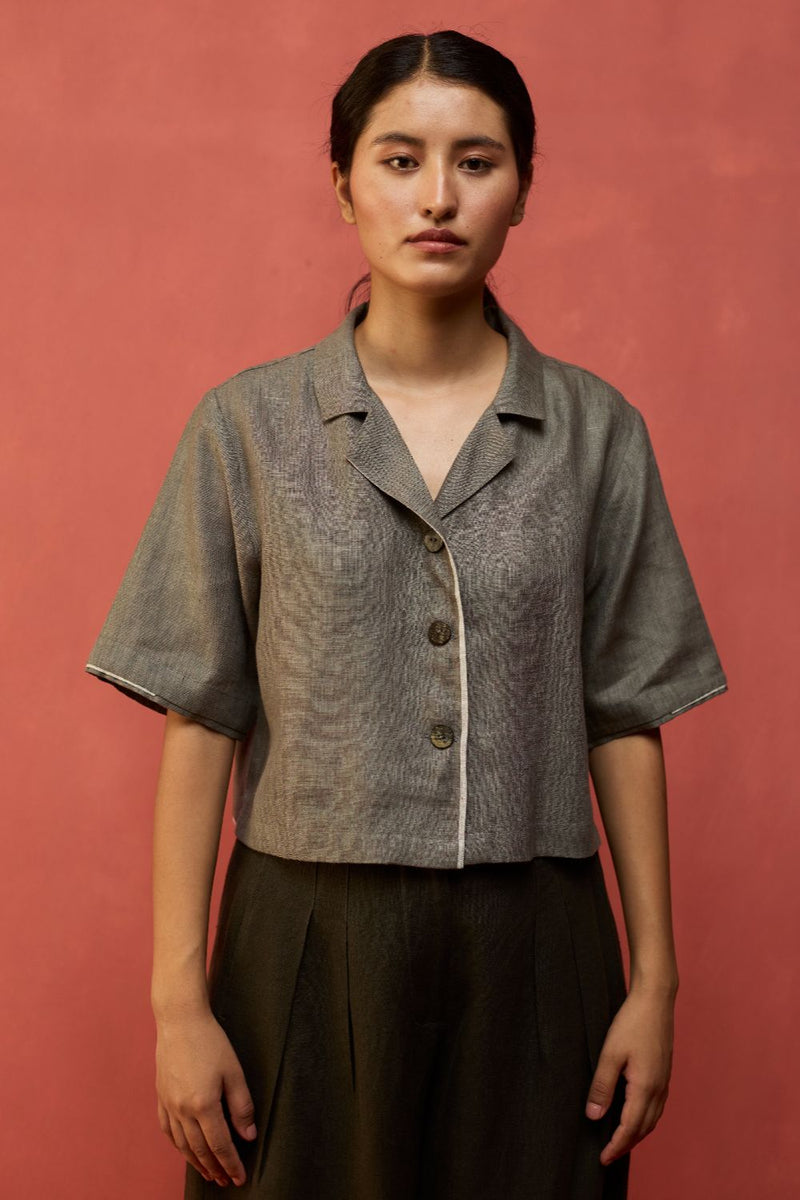 Kiera Cuban Collar Linen Shirt - Grey by Manan for Worldwide