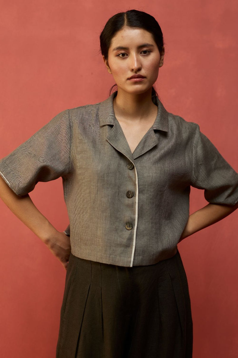 Kiera Cuban Collar Linen Shirt - Grey by Manan for Worldwide