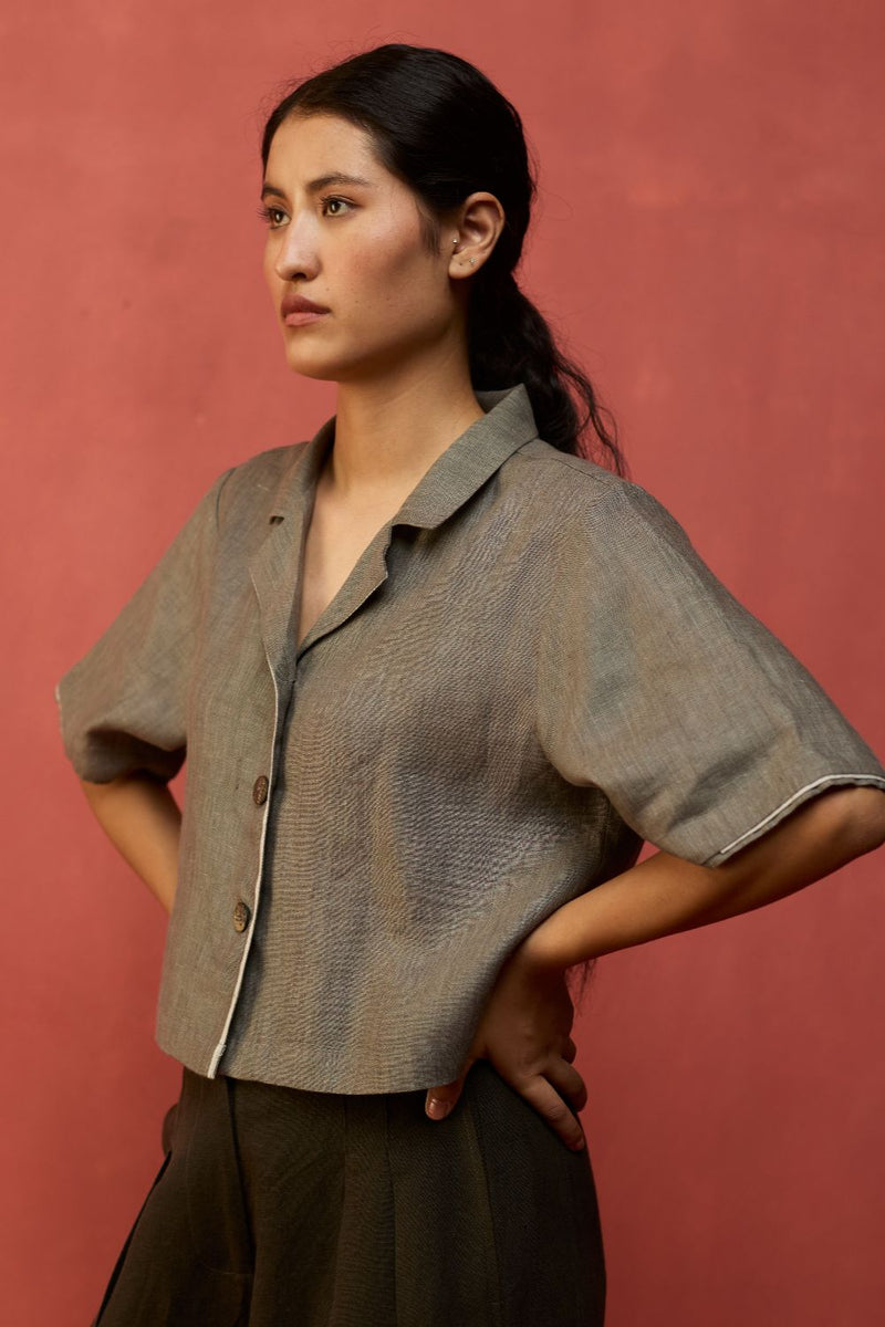 Kiera Cuban Collar Linen Co-ord Set - Grey by Manan for Worldwide