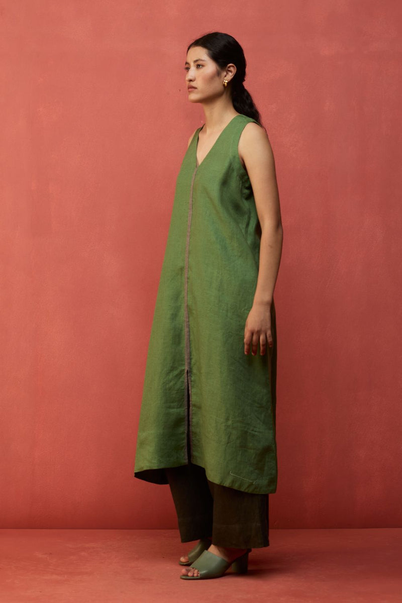 Rohe Sleeveless Linen Kurta Set - Fern Green by Manan for Worldwide