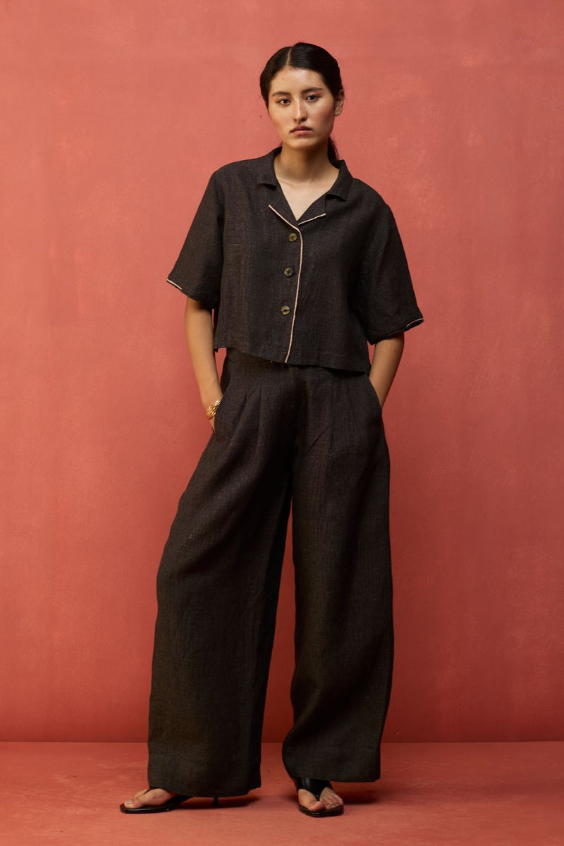 Kiera Cuban Collar Linen Shirt - Charcoal by Manan for Worldwide