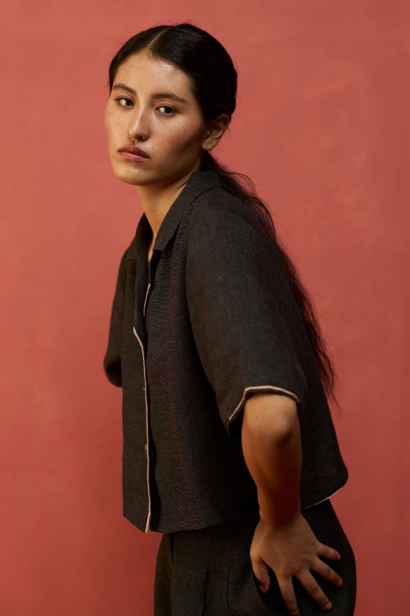 Kiera Cuban Collar Linen Shirt - Charcoal by Manan for Worldwide