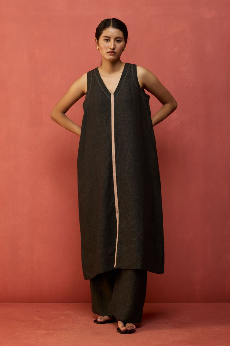 Rohe Sleeveless Linen Kurta Set - Charcoal by Manan for Worldwide