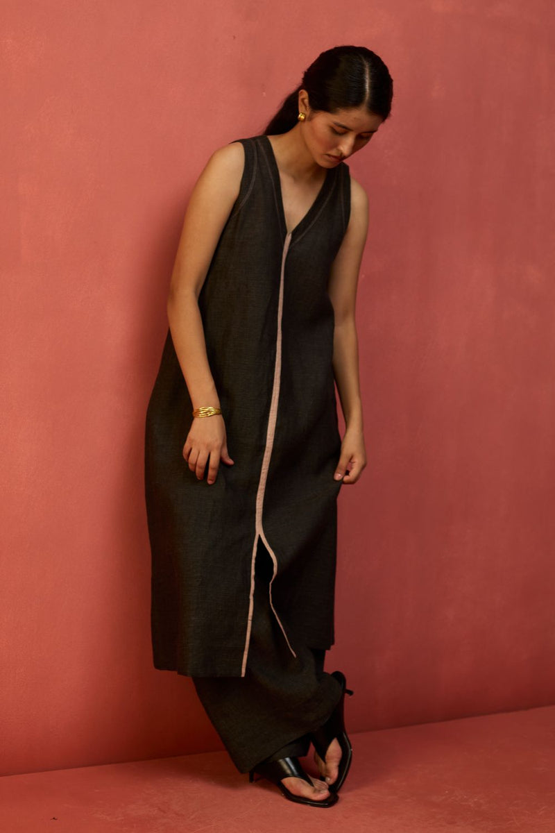 Rohe Sleeveless Linen Kurta Set - Charcoal by Manan for Worldwide