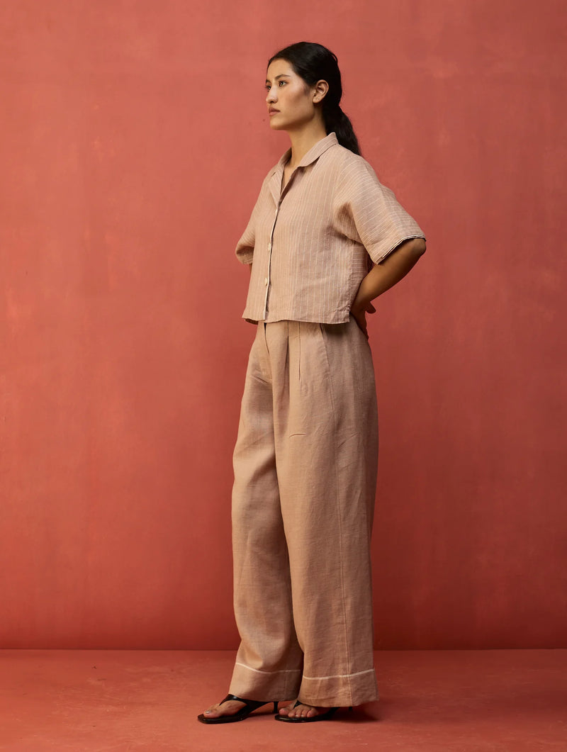 Kiera Cuban Collar Stripe Linen Co-ord Set - Dusty Rose