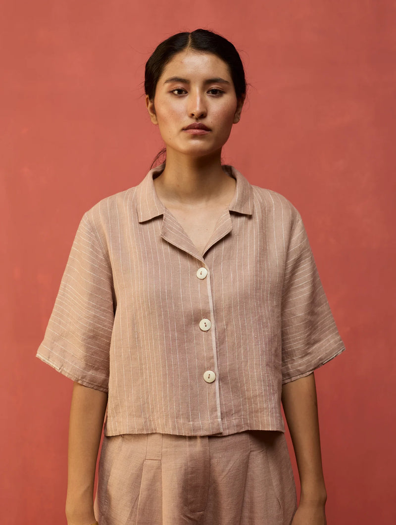 Kiera Cuban Collar Stripe Linen Co-ord Set - Dusty Rose