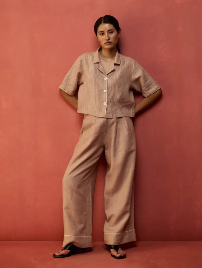 Kiera Cuban Collar Stripe Linen Shirt - Dusty Rose
