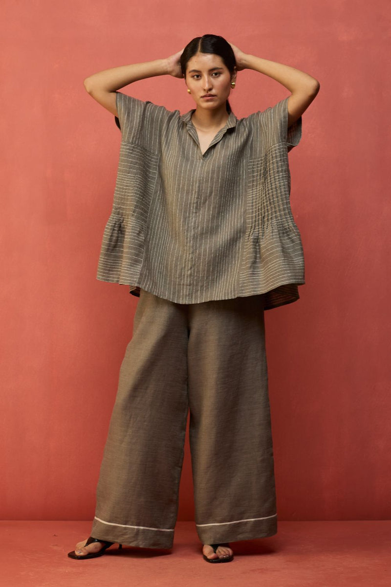 Bonnie Pleated Stripe Linen Co-ord Set - Grey by Manan for Worldwide