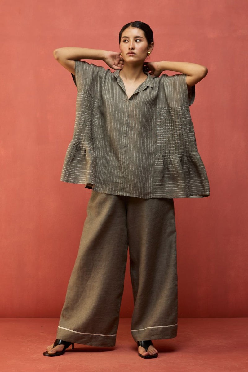 Bonnie Pleated Stripe Linen Top - Grey by Manan for Worldwide