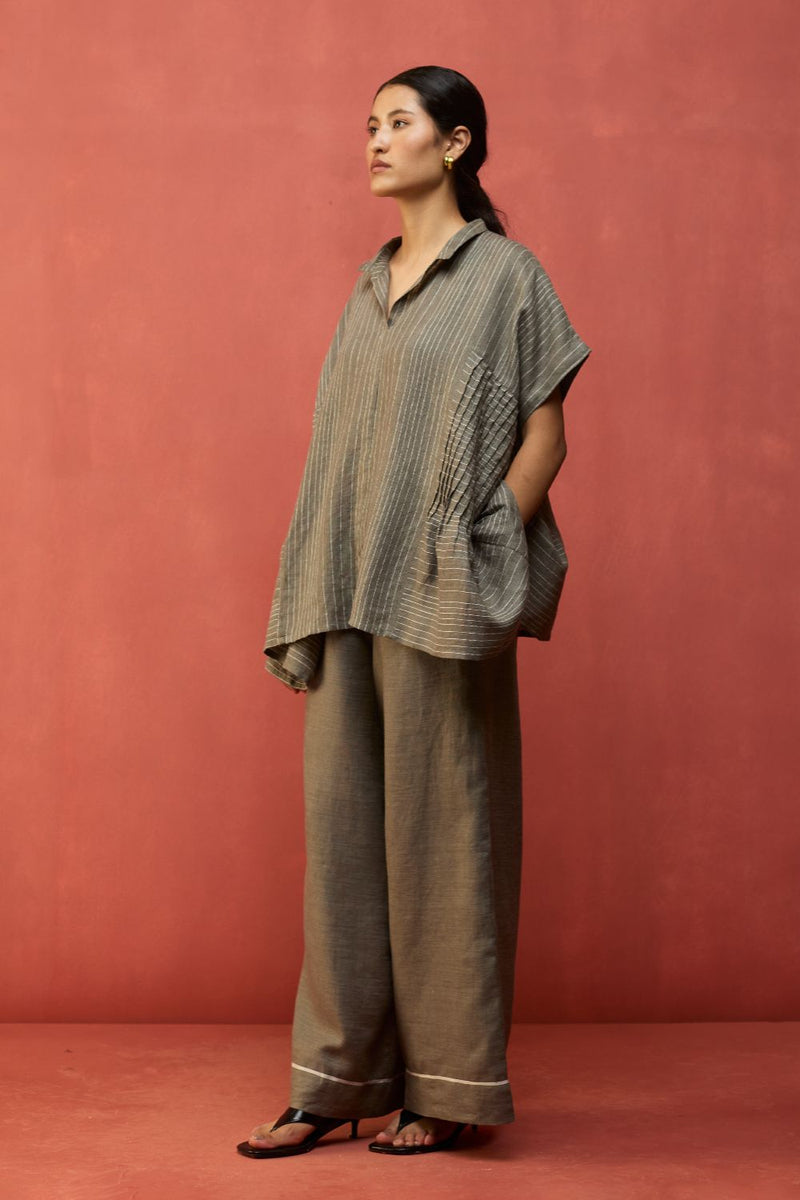 Bonnie Pleated Stripe Linen Co-ord Set - Grey by Manan for Worldwide
