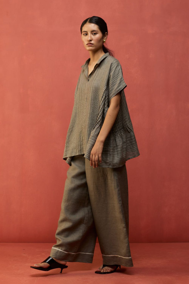 Bonnie Pleated Stripe Linen Co-ord Set - Grey by Manan for Worldwide
