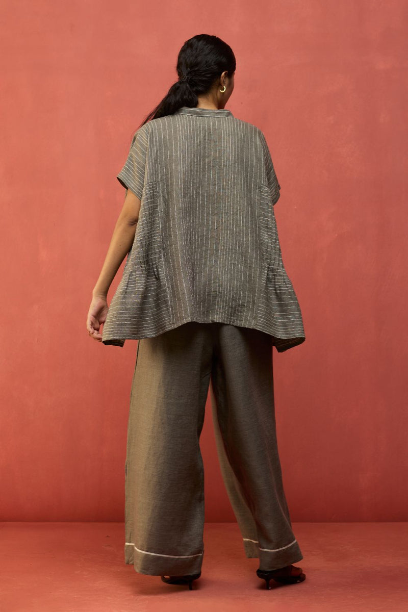 Bonnie Pleated Stripe Linen Co-ord Set - Grey by Manan for Worldwide
