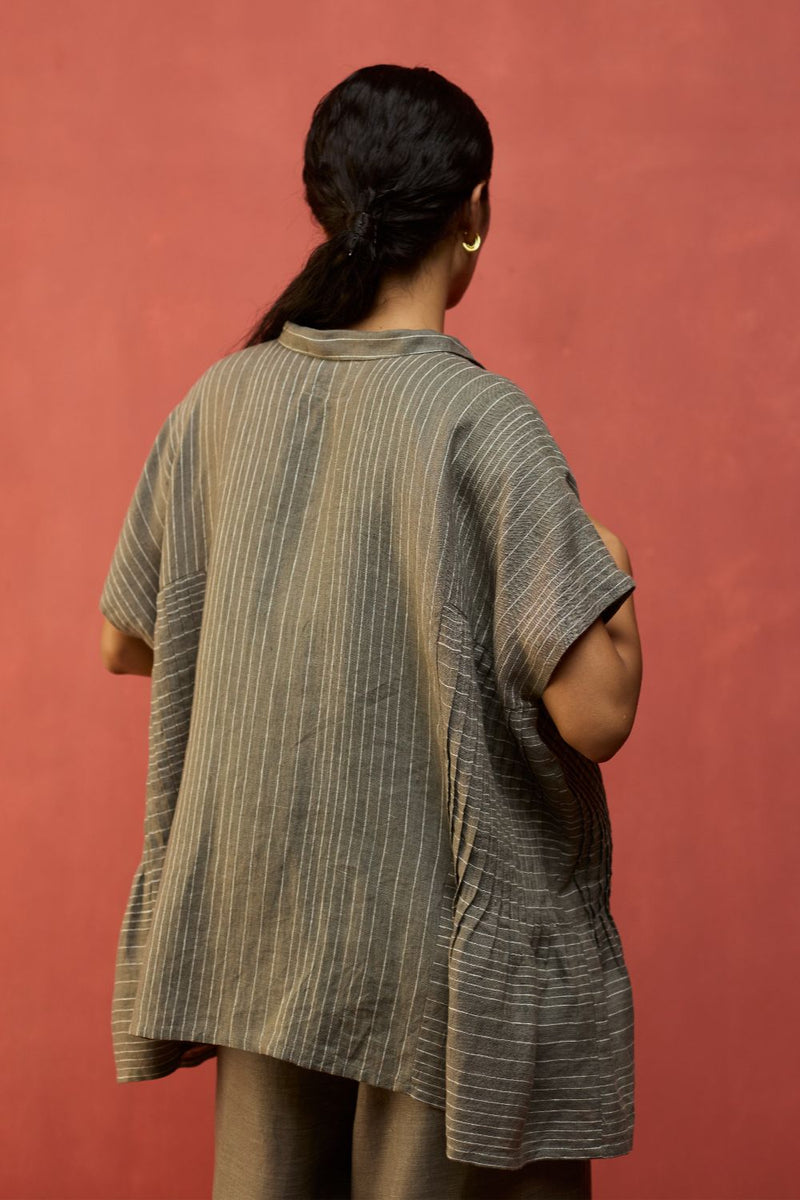 Bonnie Pleated Stripe Linen Top - Grey by Manan for Worldwide