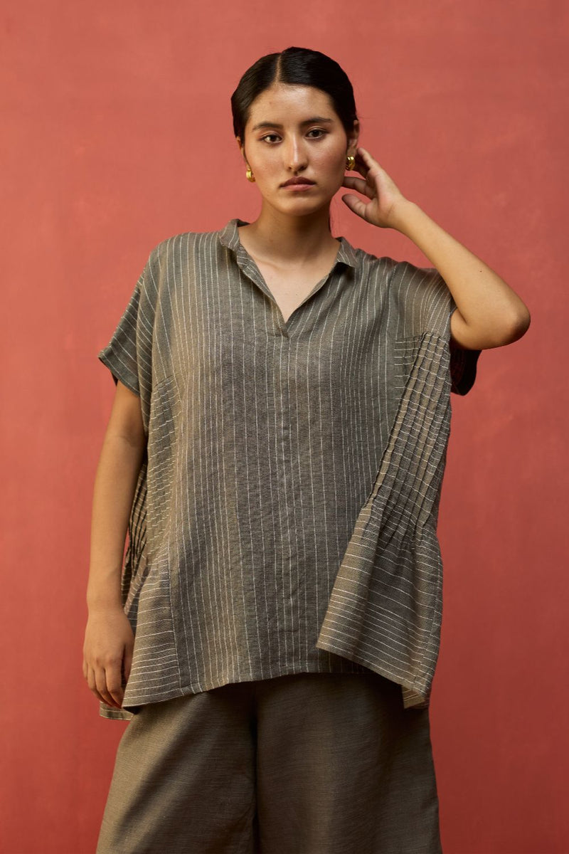Bonnie Pleated Stripe Linen Co-ord Set - Grey by Manan for Worldwide
