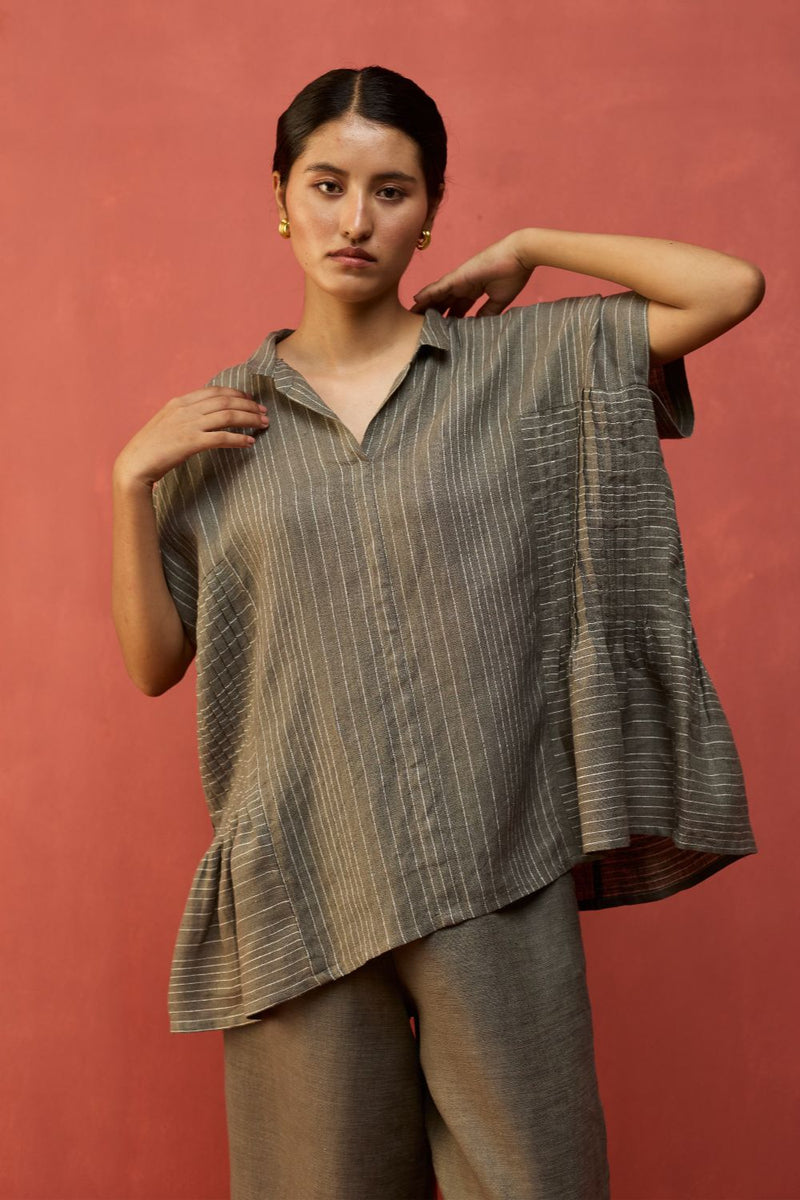 Bonnie Pleated Stripe Linen Co-ord Set - Grey by Manan for Worldwide