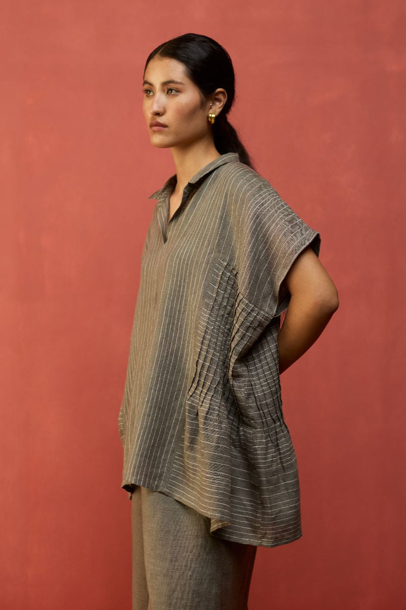 Bonnie Pleated Stripe Linen Top - Grey by Manan for Worldwide