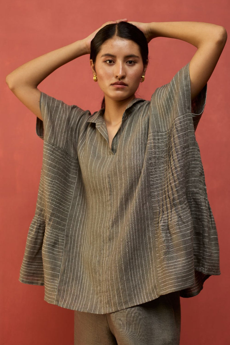 Bonnie Pleated Stripe Linen Top - Grey by Manan for Worldwide