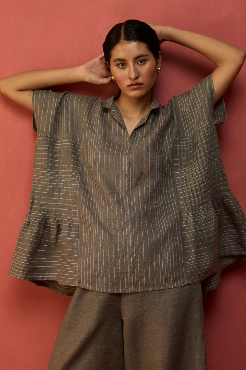 Bonnie Pleated Stripe Linen Co-ord Set - Grey by Manan for Worldwide