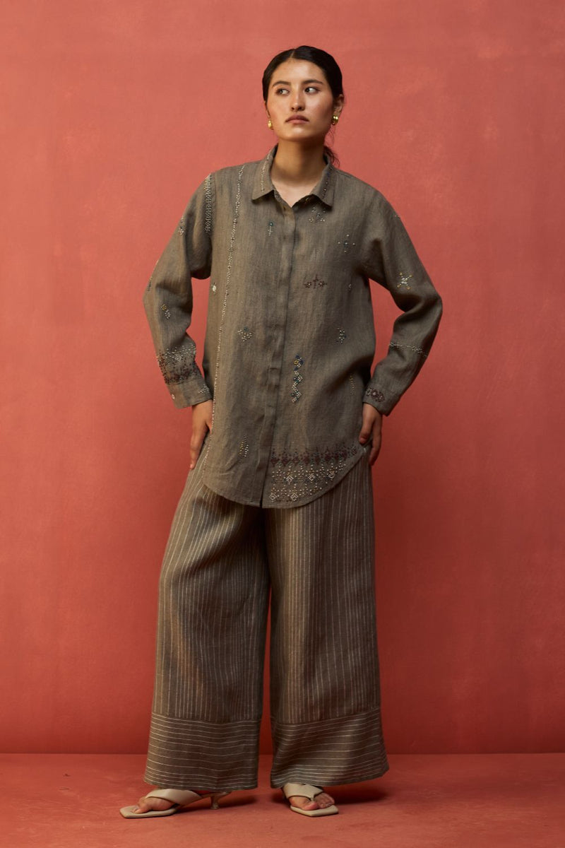 Kira Hand-Embroidered Linen Shirt - Grey by Manan for Worldwide