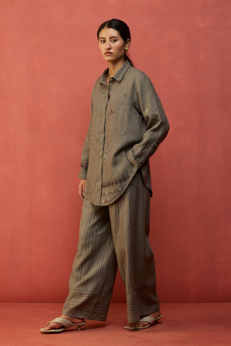 Kira Hand-Embroidered Linen Shirt - Grey by Manan for Worldwide