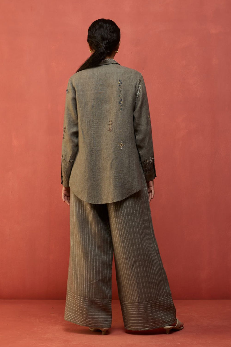 Kira Hand-Embroidered Linen Shirt - Grey by Manan for Worldwide