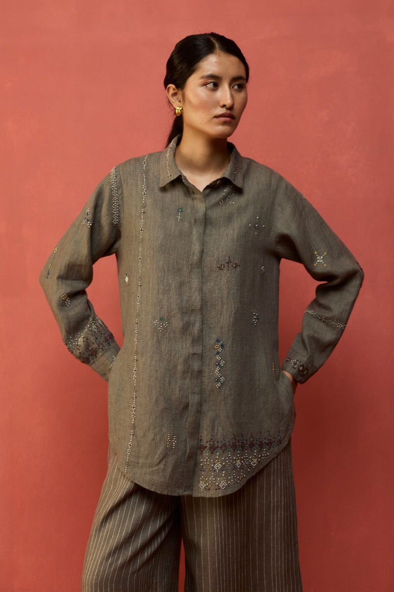 Kira Hand-Embroidered Linen Shirt - Grey by Manan for Worldwide