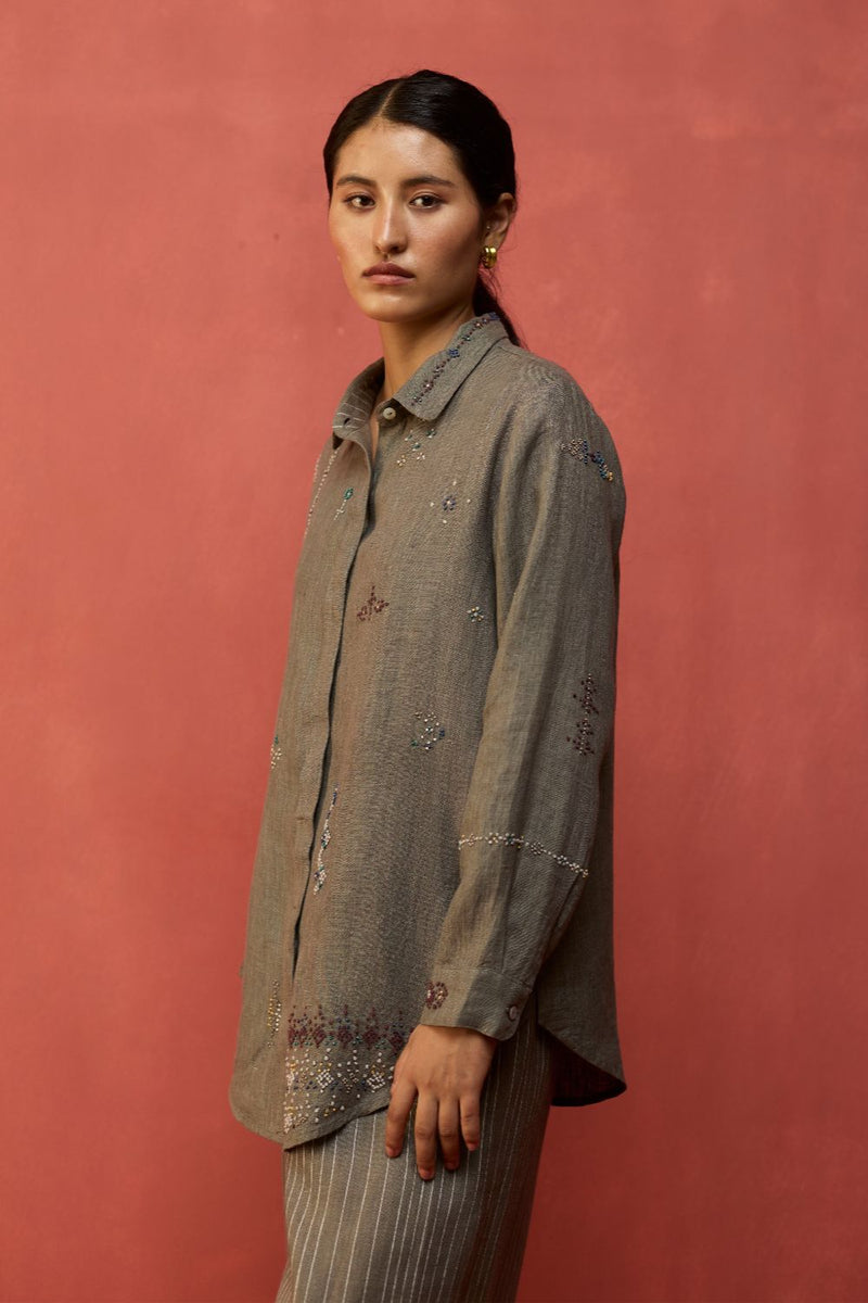 Kira Hand-Embroidered Linen Shirt - Grey by Manan for Worldwide