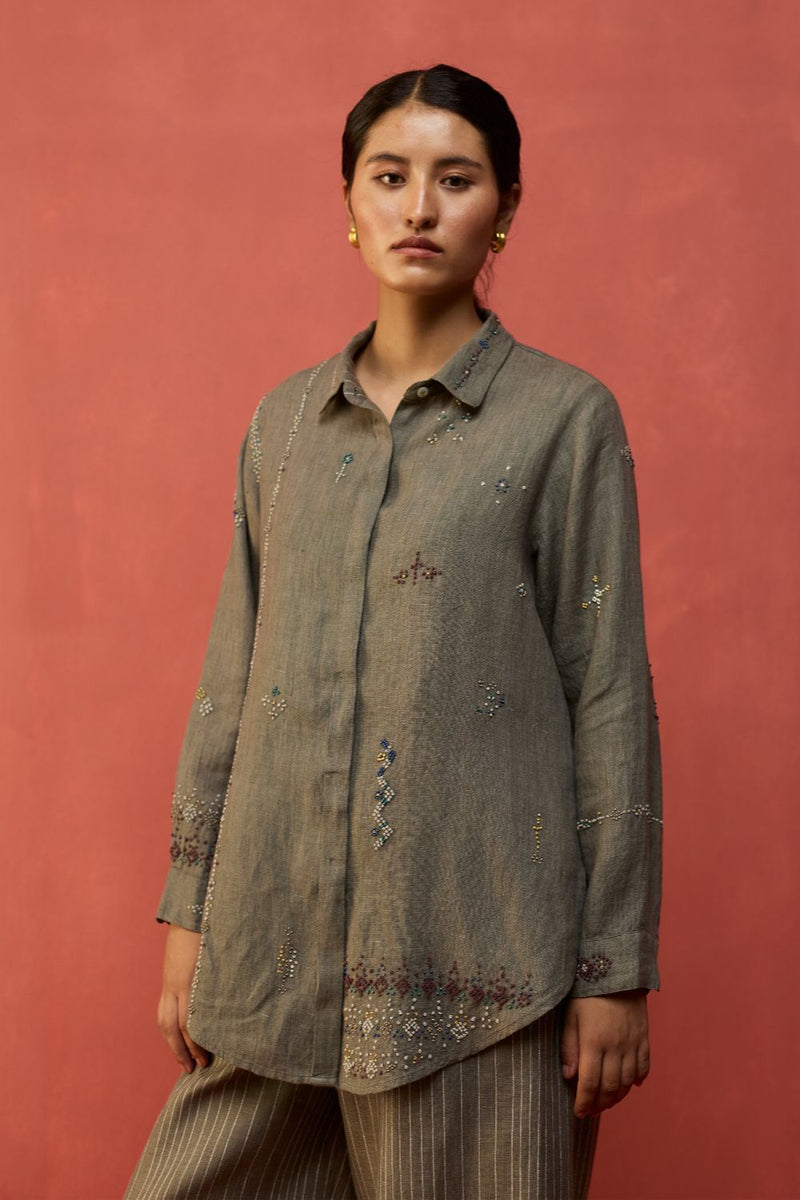 Kira Hand-Embroidered Linen Shirt - Grey by Manan for Worldwide