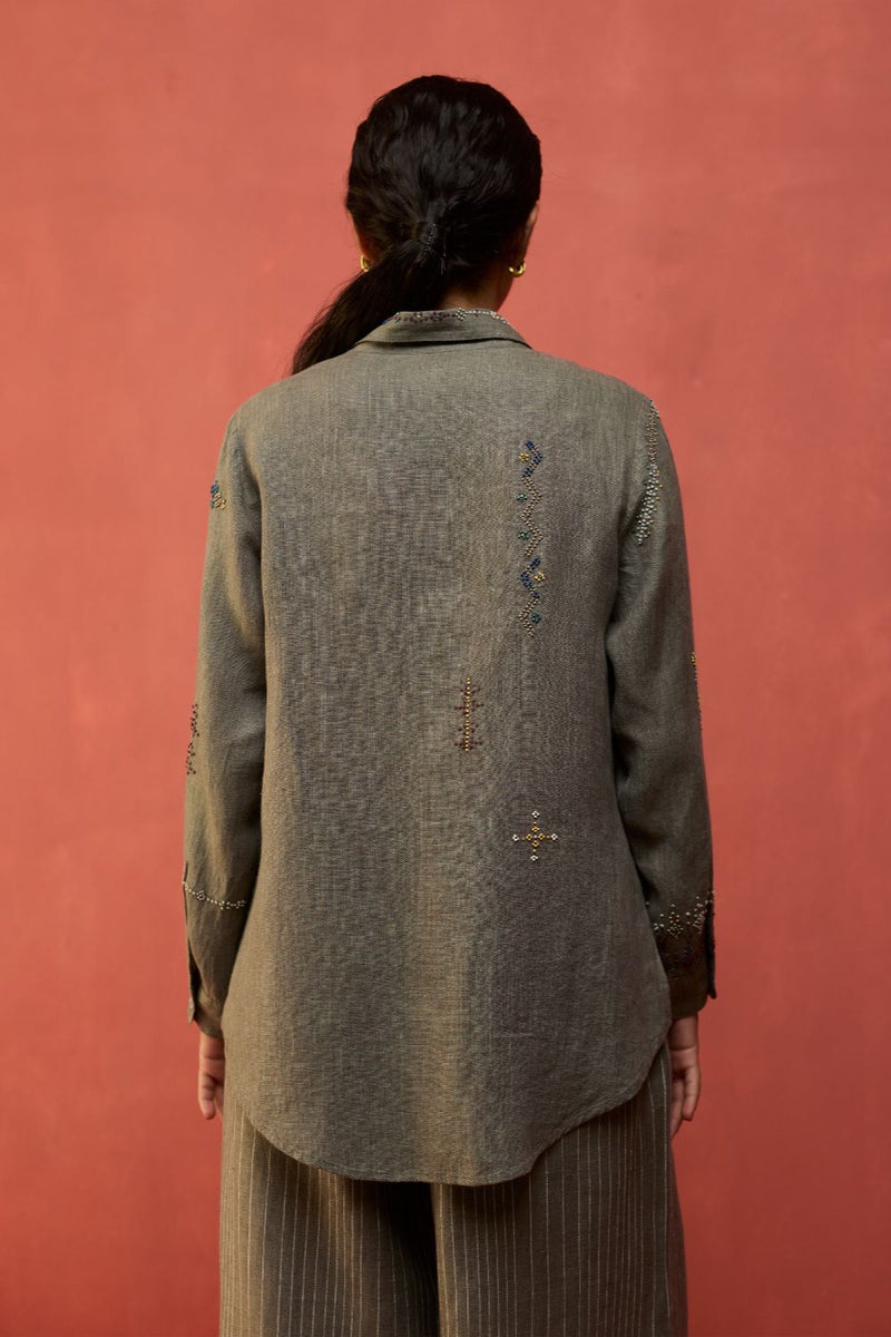 Kira Hand-Embroidered Linen Shirt - Grey by Manan for Worldwide