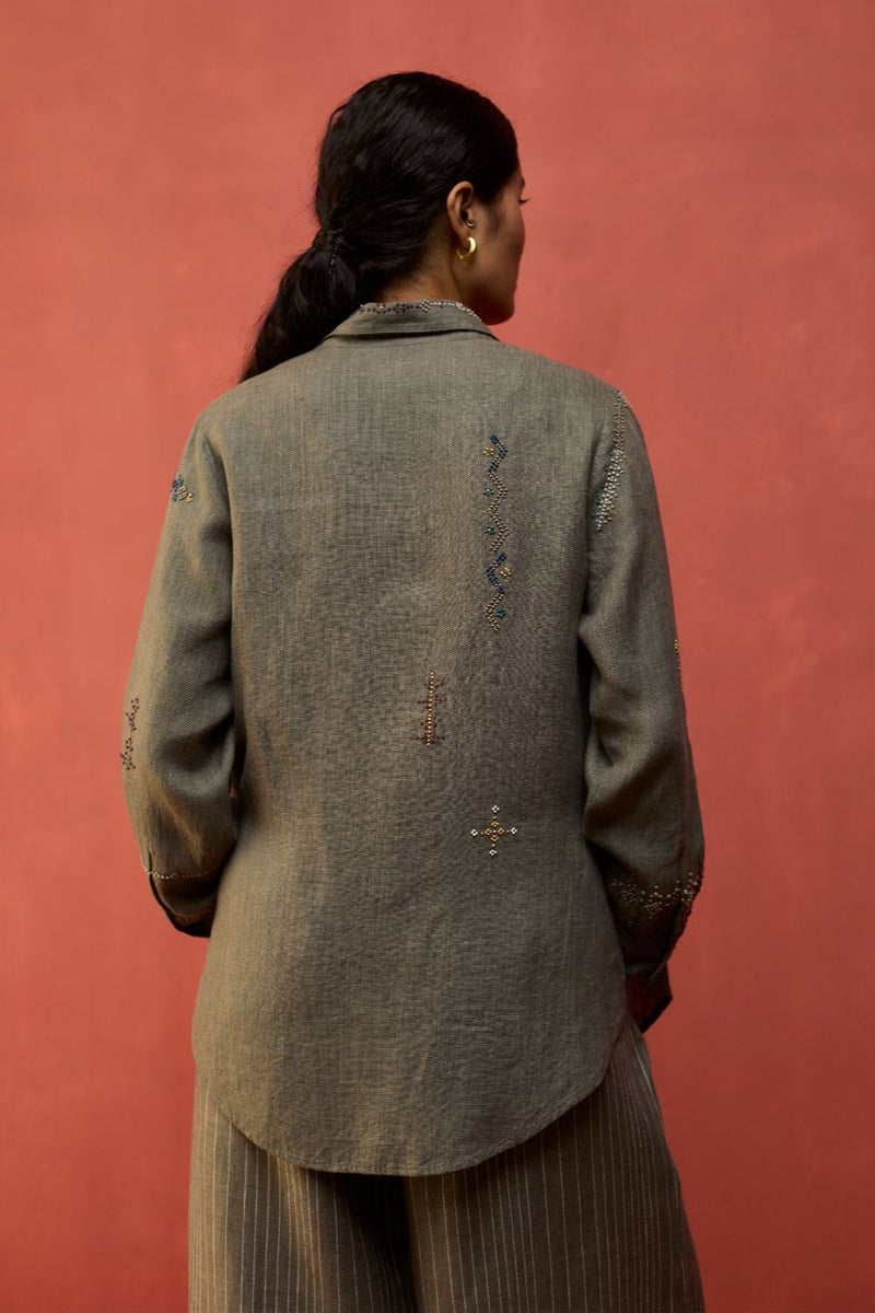 Kira Hand-Embroidered Linen Shirt - Grey by Manan for Worldwide