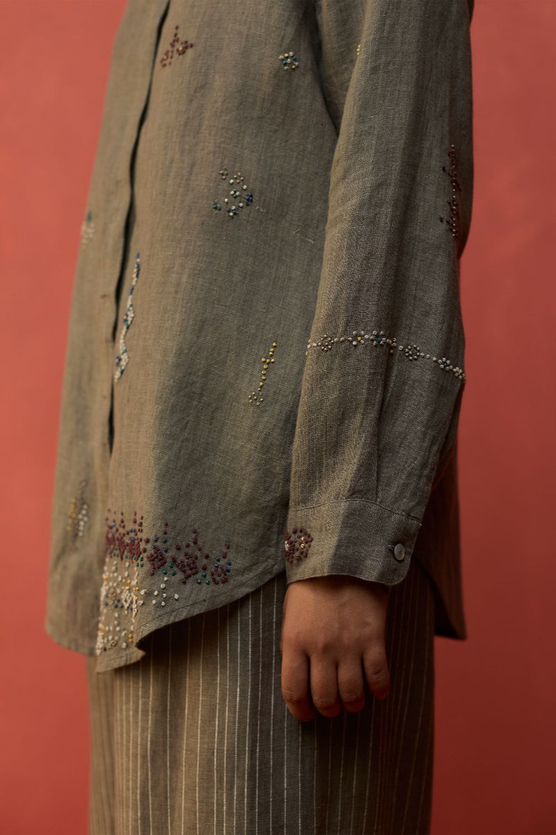 Kira Hand-Embroidered Linen Shirt - Grey by Manan for Worldwide