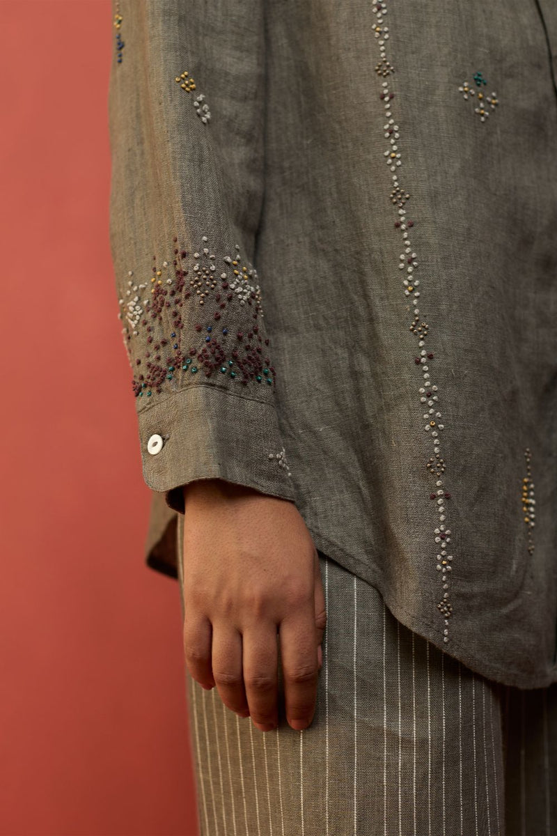 Kira Hand-Embroidered Linen Shirt - Grey by Manan for Worldwide
