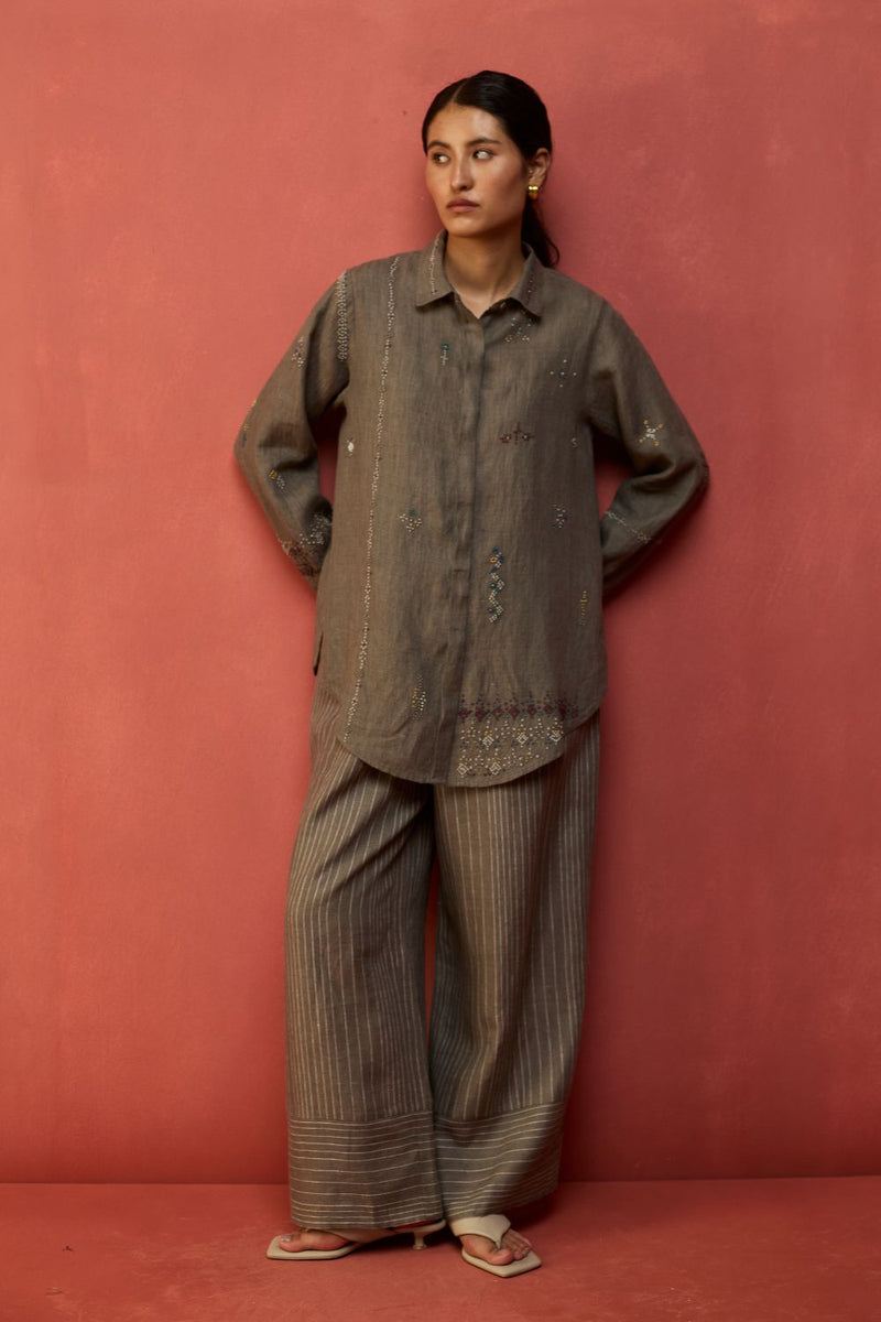Kira Hand-Embroidered Linen Shirt - Grey by Manan for Worldwide