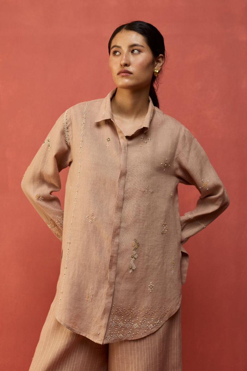 Kira Hand-Embroidered Linen Shirt - Dusty Rose by Manan for Worldwide
