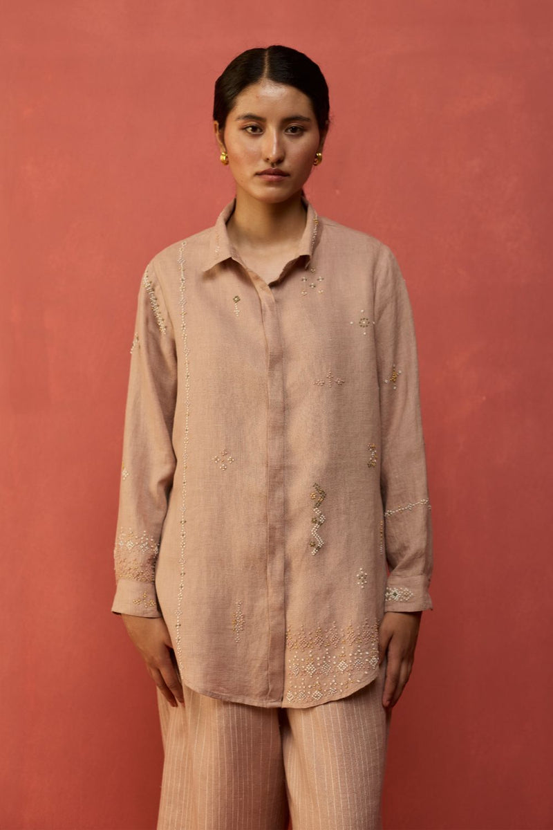 Kira Hand-Embroidered Linen Shirt - Dusty Rose by Manan for Worldwide