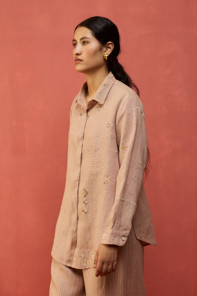 Kira Hand-Embroidered Linen Shirt - Dusty Rose by Manan for Worldwide