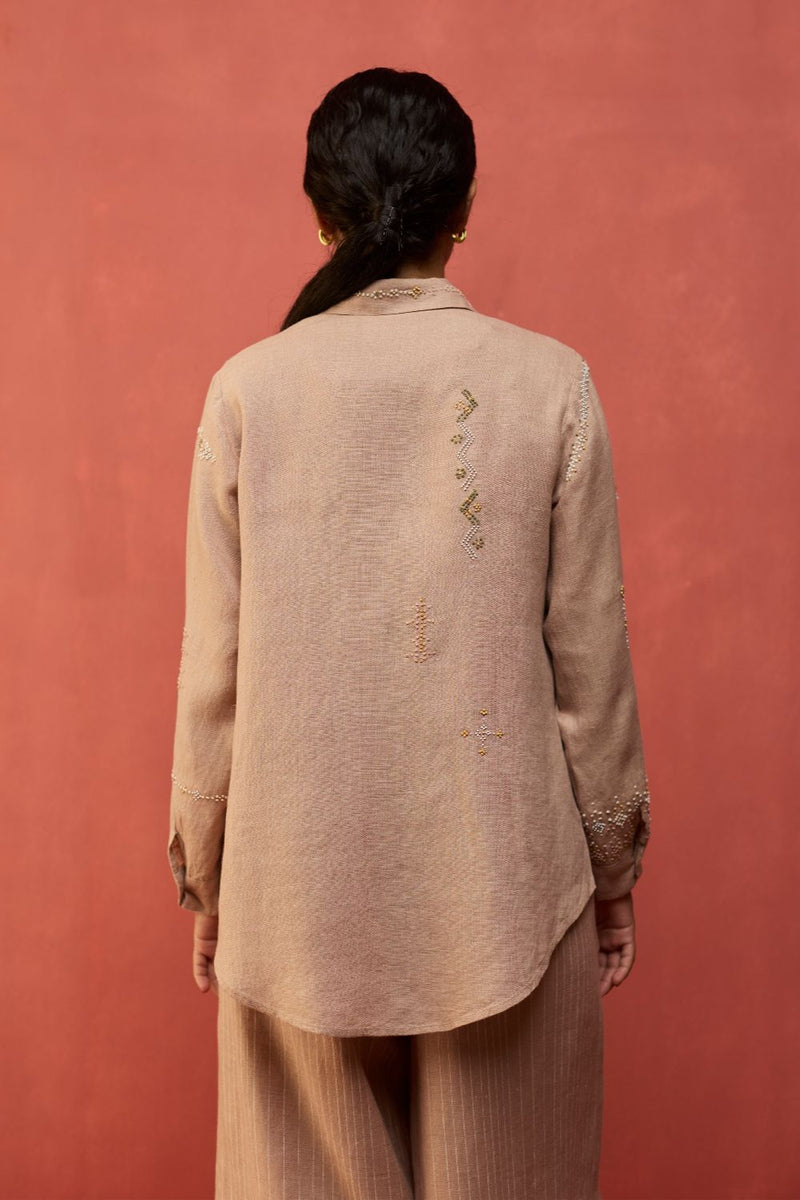 Kira Hand-Embroidered Linen Shirt - Dusty Rose by Manan for Worldwide
