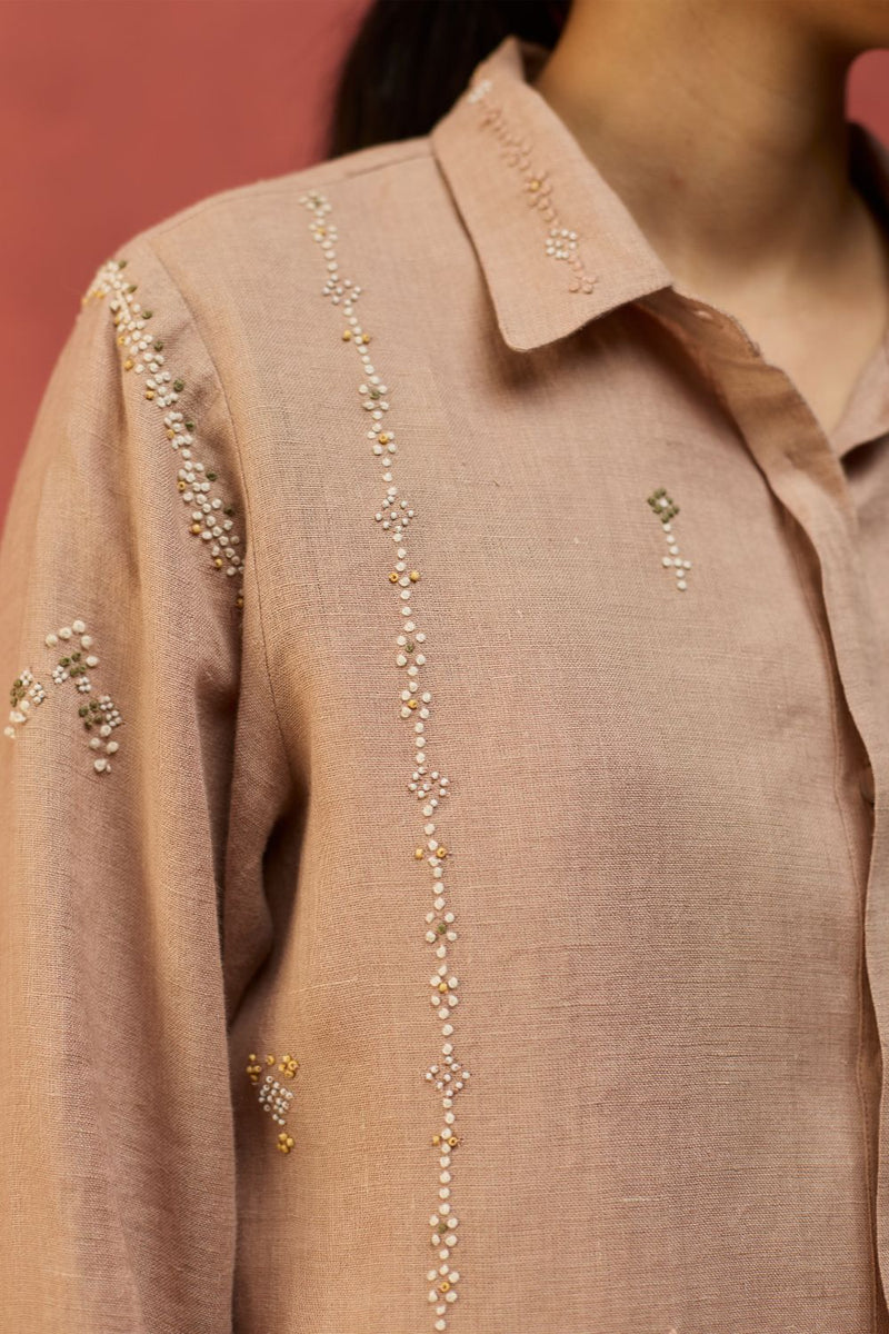 Kira Hand-Embroidered Linen Shirt - Dusty Rose by Manan for Worldwide