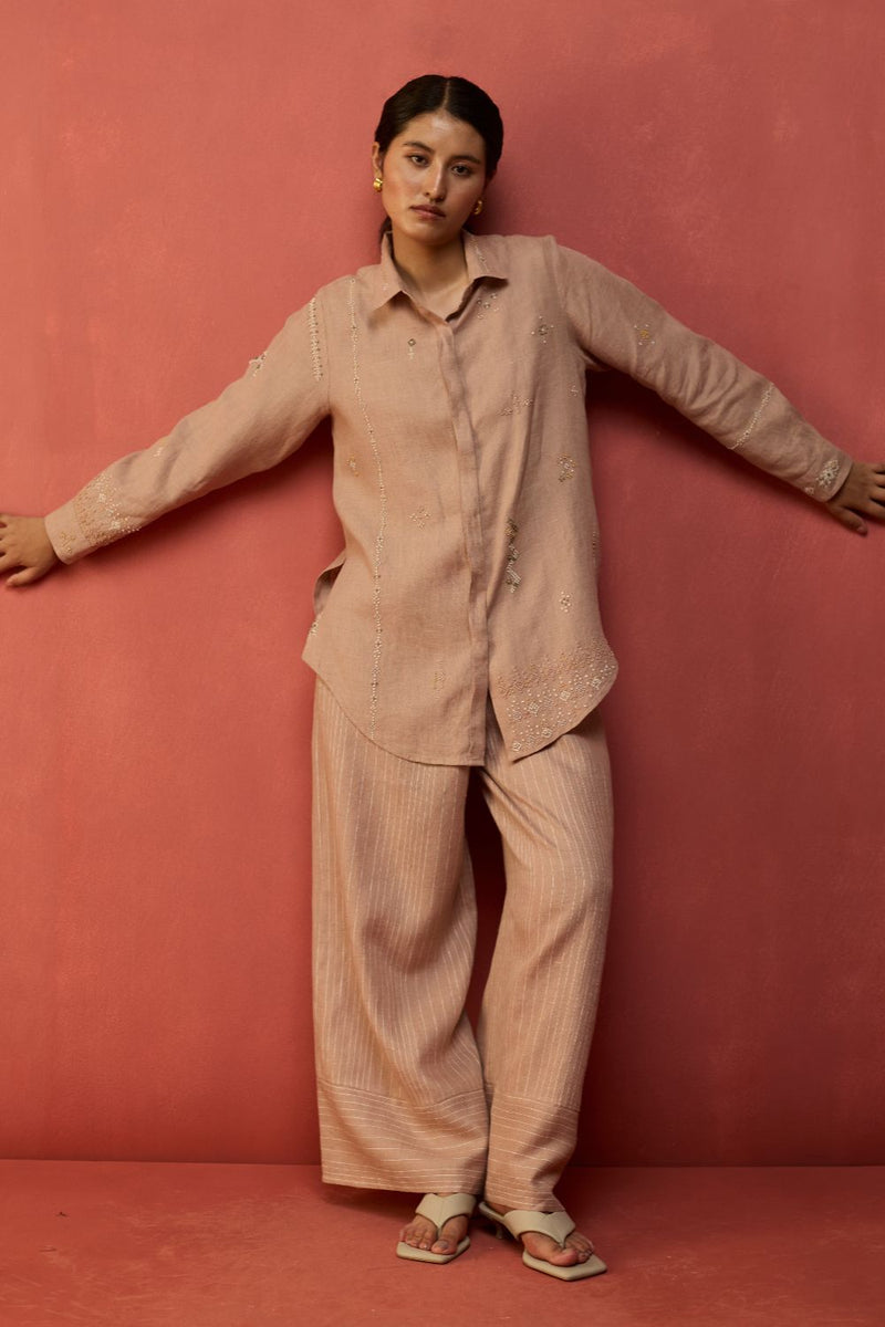 Kira Hand-Embroidered Linen Shirt - Dusty Rose by Manan for Worldwide