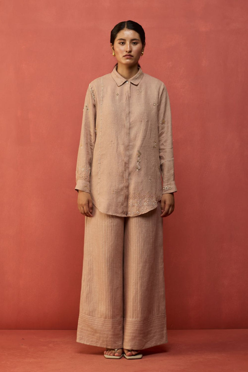 Kira Hand-Embroidered Linen Shirt - Dusty Rose by Manan for Worldwide