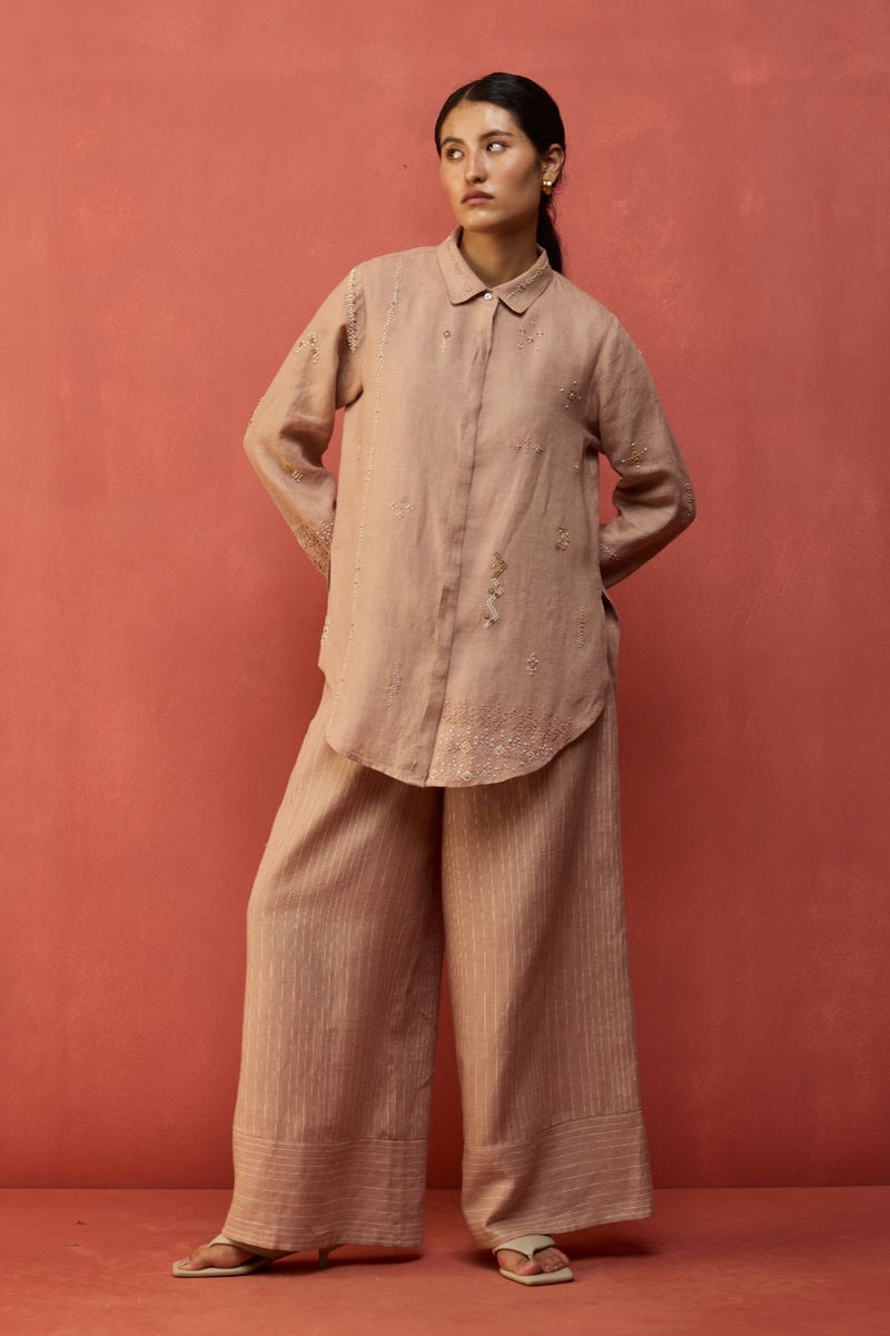 Kira Hand-Embroidered Linen Shirt - Dusty Rose by Manan for Worldwide