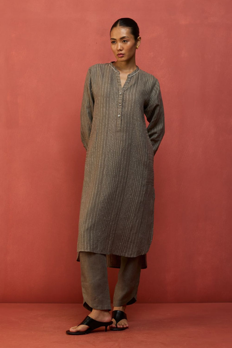 Bunka Stripe Linen Kurta Set - Grey by Manan for Worldwide