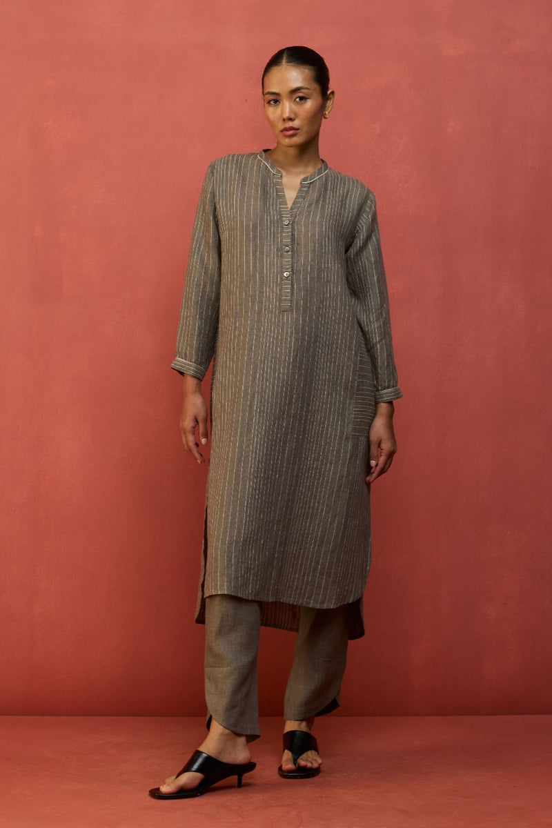 Bunka Stripe Linen Kurta Set - Grey by Manan for Worldwide